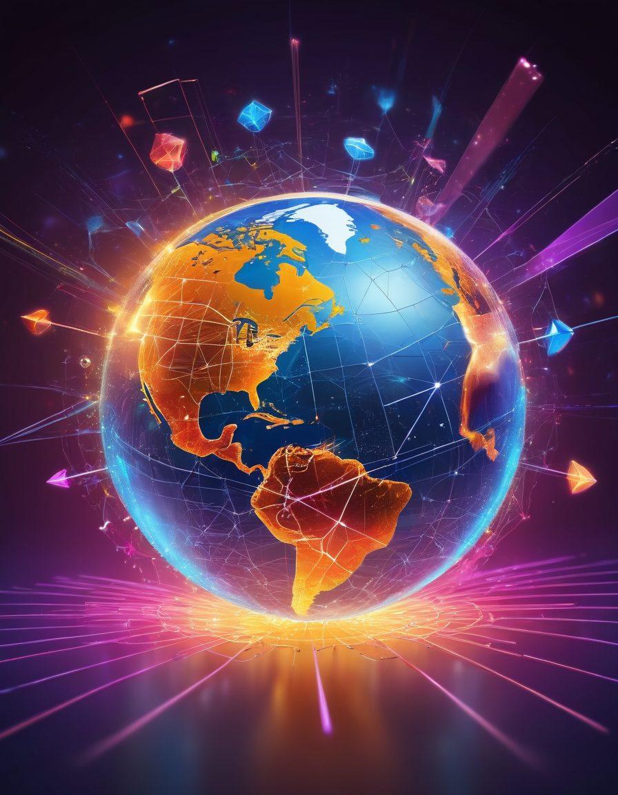 A glowing digital globe surrounded by a network of vibrant, interconnected nodes representing online presence, with arrows symbolizing growth and SEO strategies. Include elements such as magnifying glasses, thumbs up icons, and advertising banners floating around. The background should be a burst of colors illustrating digital engagement. super-realistic. vibrant colors. 3D.