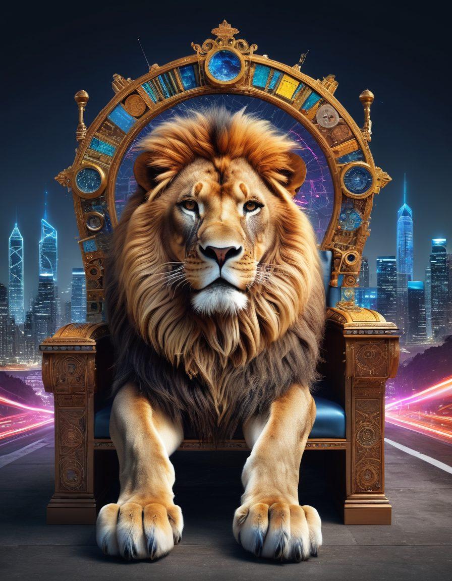 An imposing lion symbolizing supremacy, wearing a digital crown made of keywords and ads, sitting on a throne made of computer screens displaying analytics charts. Around it, a vibrant cityscape representing the digital world, with glowing signs of social media. The backdrop features gears and circuits, illustrating the mechanics of SEO and digital advertising. super-realistic. vibrant colors. 3D.