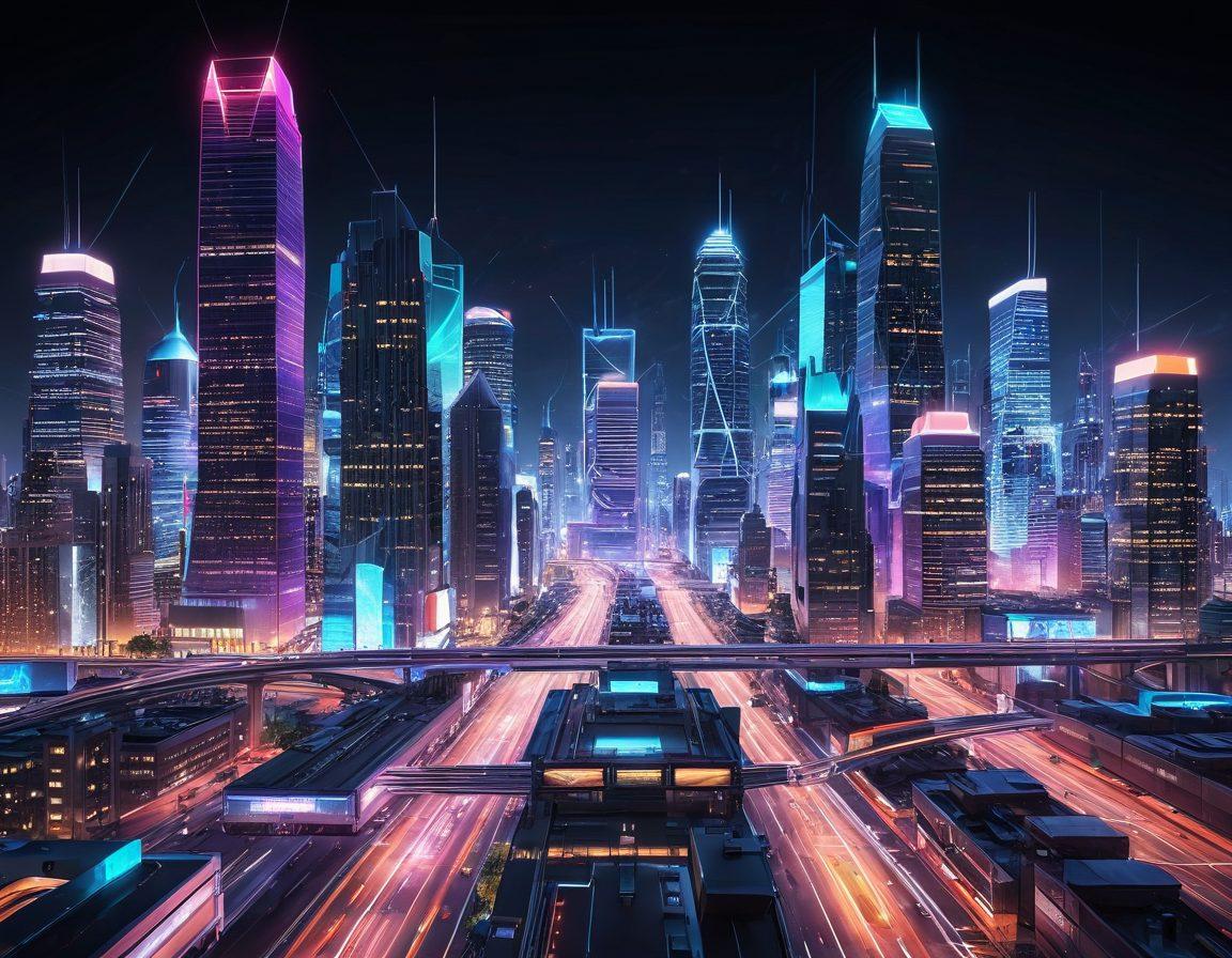 A dynamic digital landscape depicting a futuristic city skyline with glowing skyscrapers representing web performance. Include an array of traffic symbols seamlessly integrated into the scene symbolizing boosted online traffic, and a digital screen displaying analytics data. Bright neon colors give a sense of vibrancy and modern technology. super-realistic. vibrant colors. 3D.